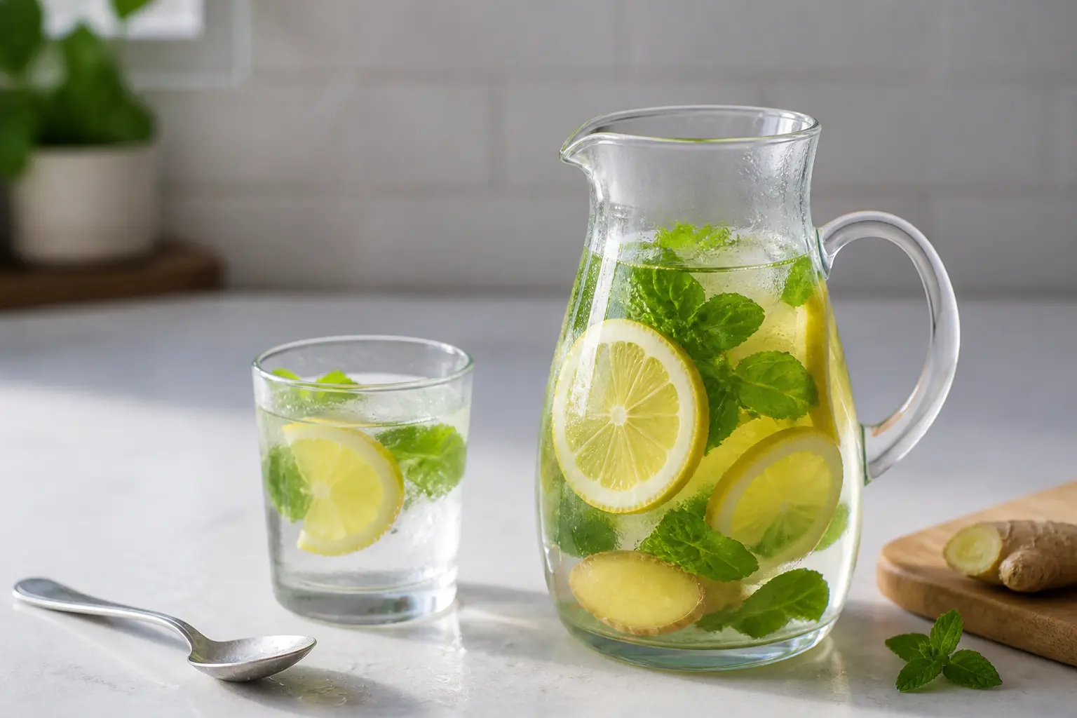 Boisson détoxifiante maison dans une carafe avec citron, menthe et gingembre sur un plan de cuisine clair