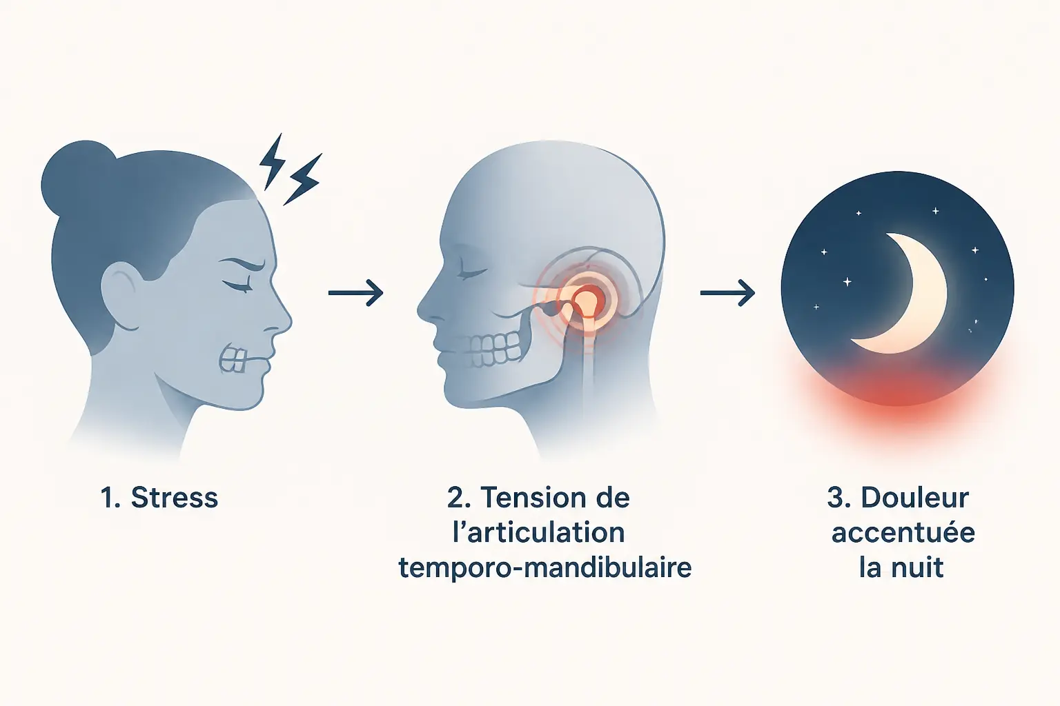 Douleurs machoires stress : schéma montrant stress, mâchoire tendue et douleur de l’articulation temporo-mandibulaire.
