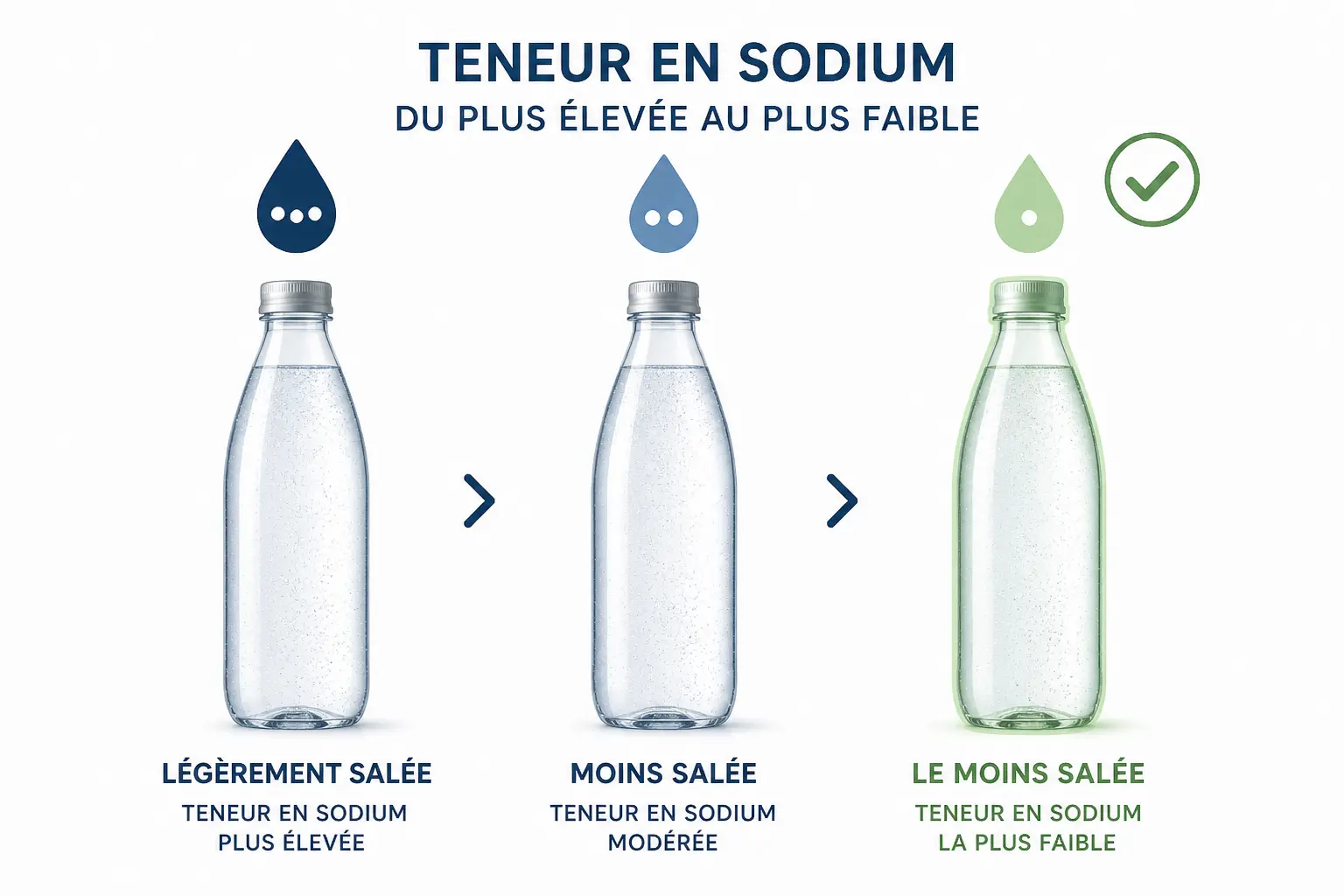 Classement visuel de 3 eaux gazeuses : l’eau gazeuse la moins salée est mise en avant avec un repère vert.