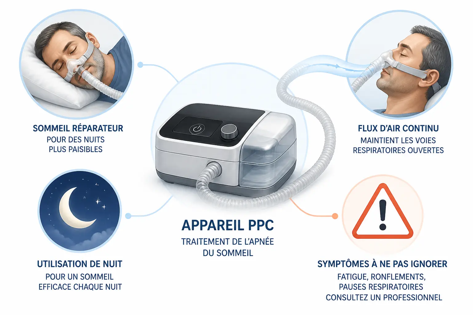 Effet secondaire machine apnée du sommeil : schéma d’une machine CPAP avec masque, dormeur et alerte.