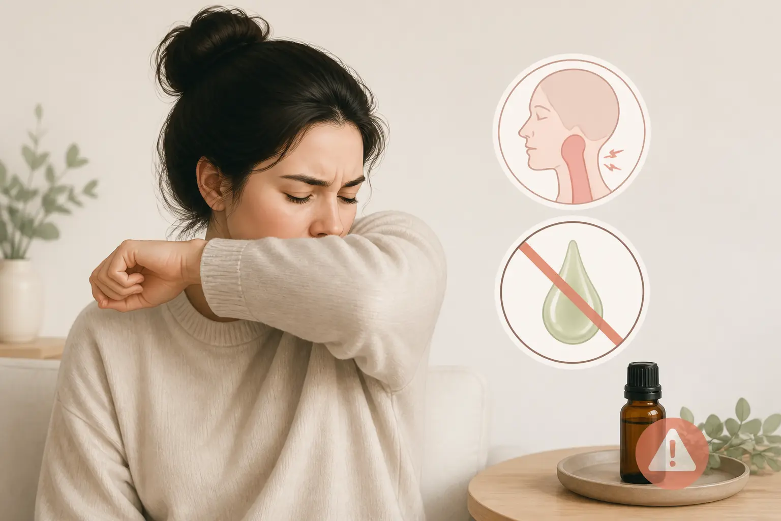 Personne toussant dans son coude, toux sèche sans mucus, huile essentielle toux seche mise de côté
