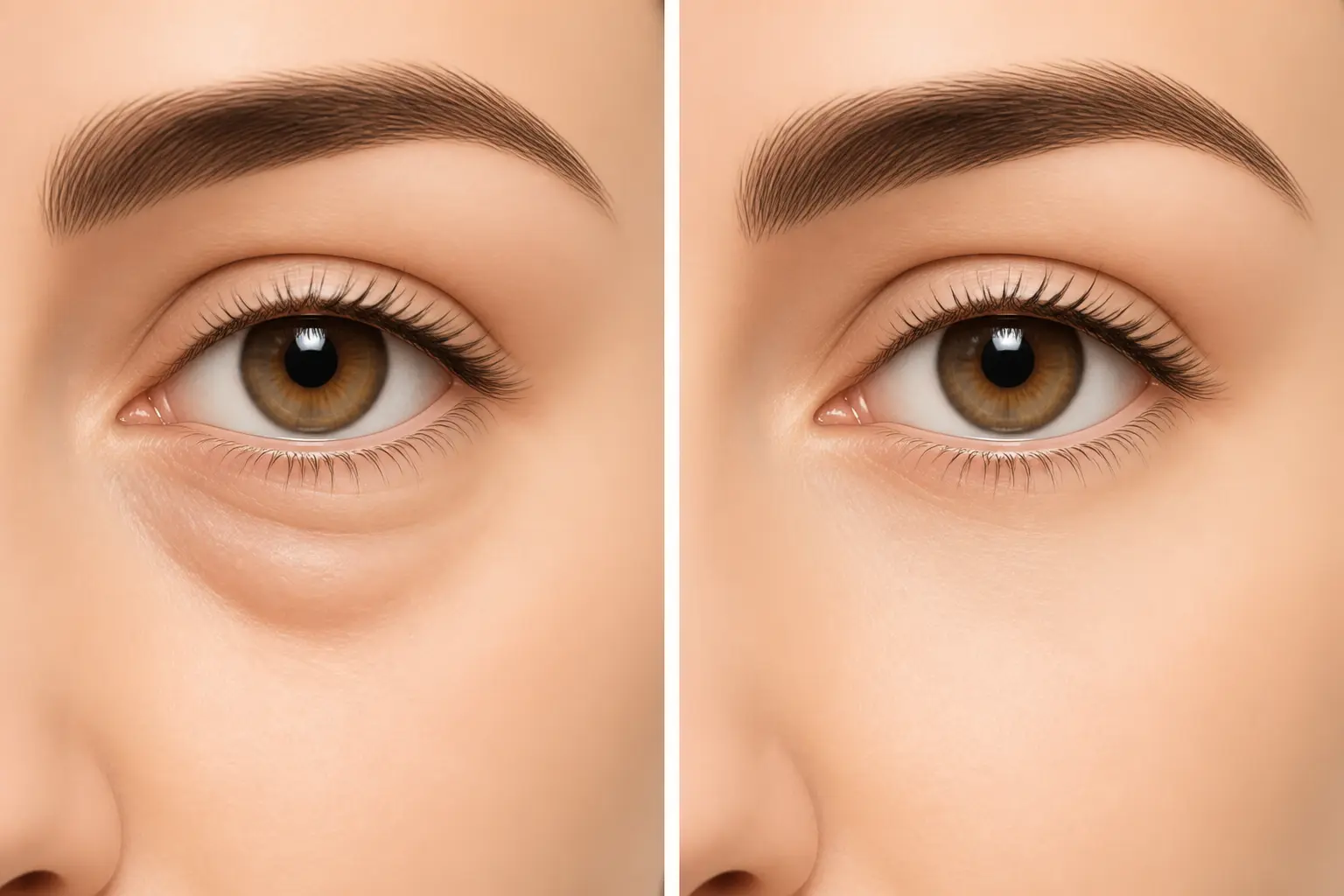 Poches sous les yeux : illustration comparative d’un léger gonflement sous une paupière et d’un contour plat.