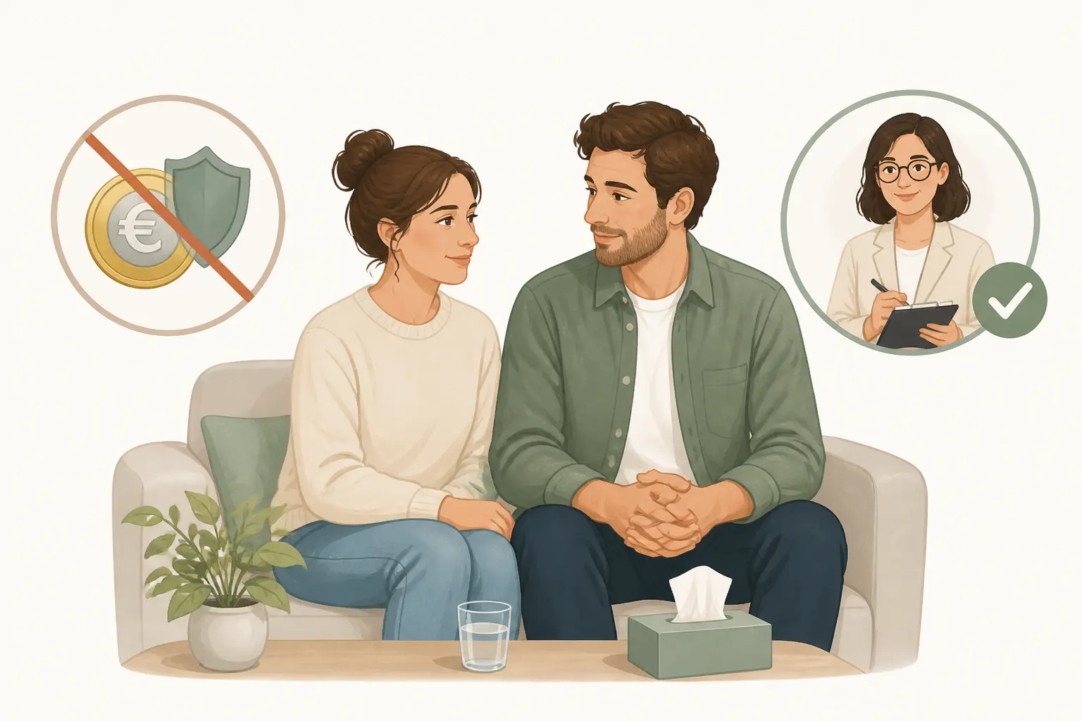 Couple en consultation, avec icônes euro barrée et thérapeute validé, sur la thérapie de couple remboursé.