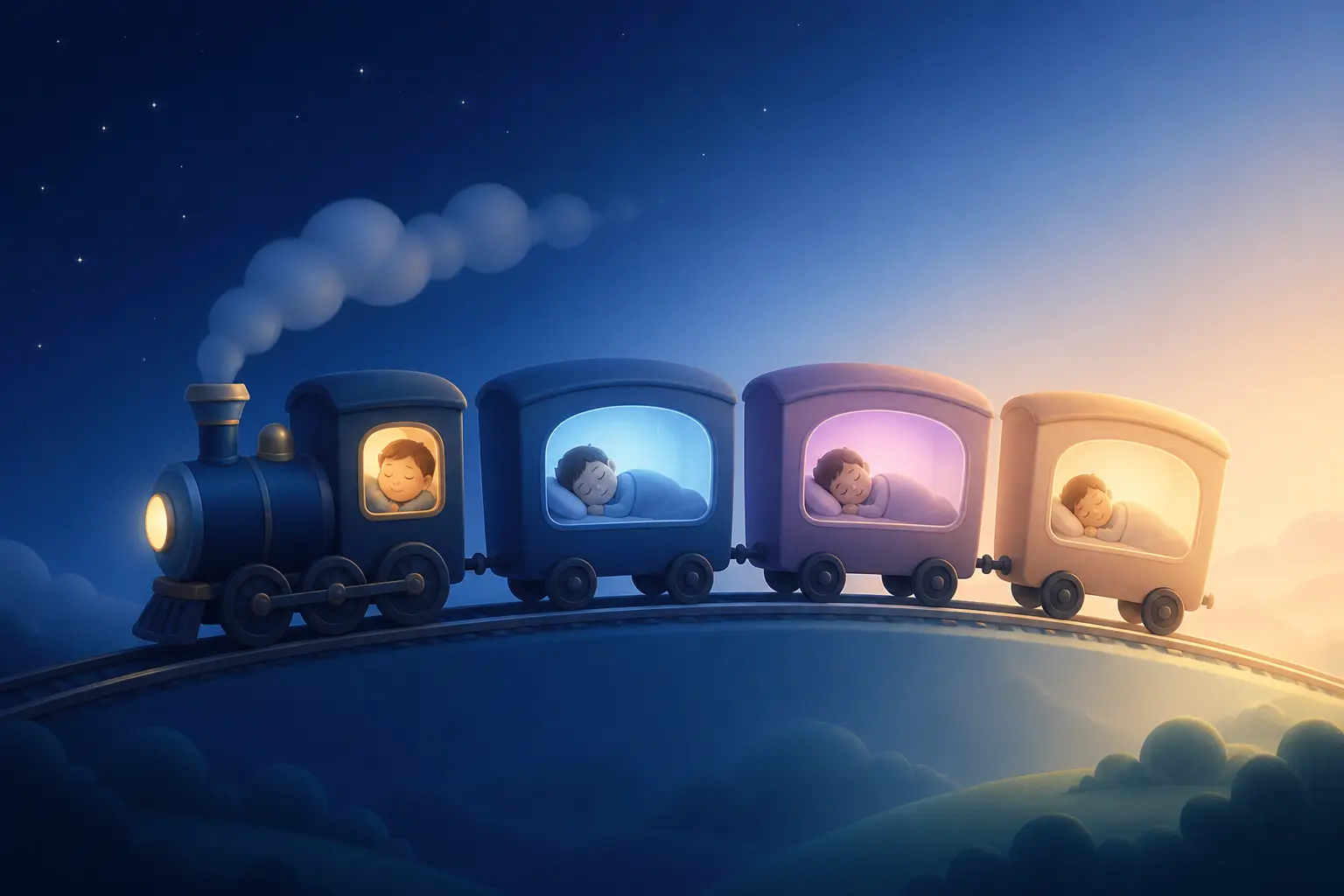 Petit train du sommeil traversant un dégradé nuit-jour avec trois wagons lumineux symbolisant les cycles