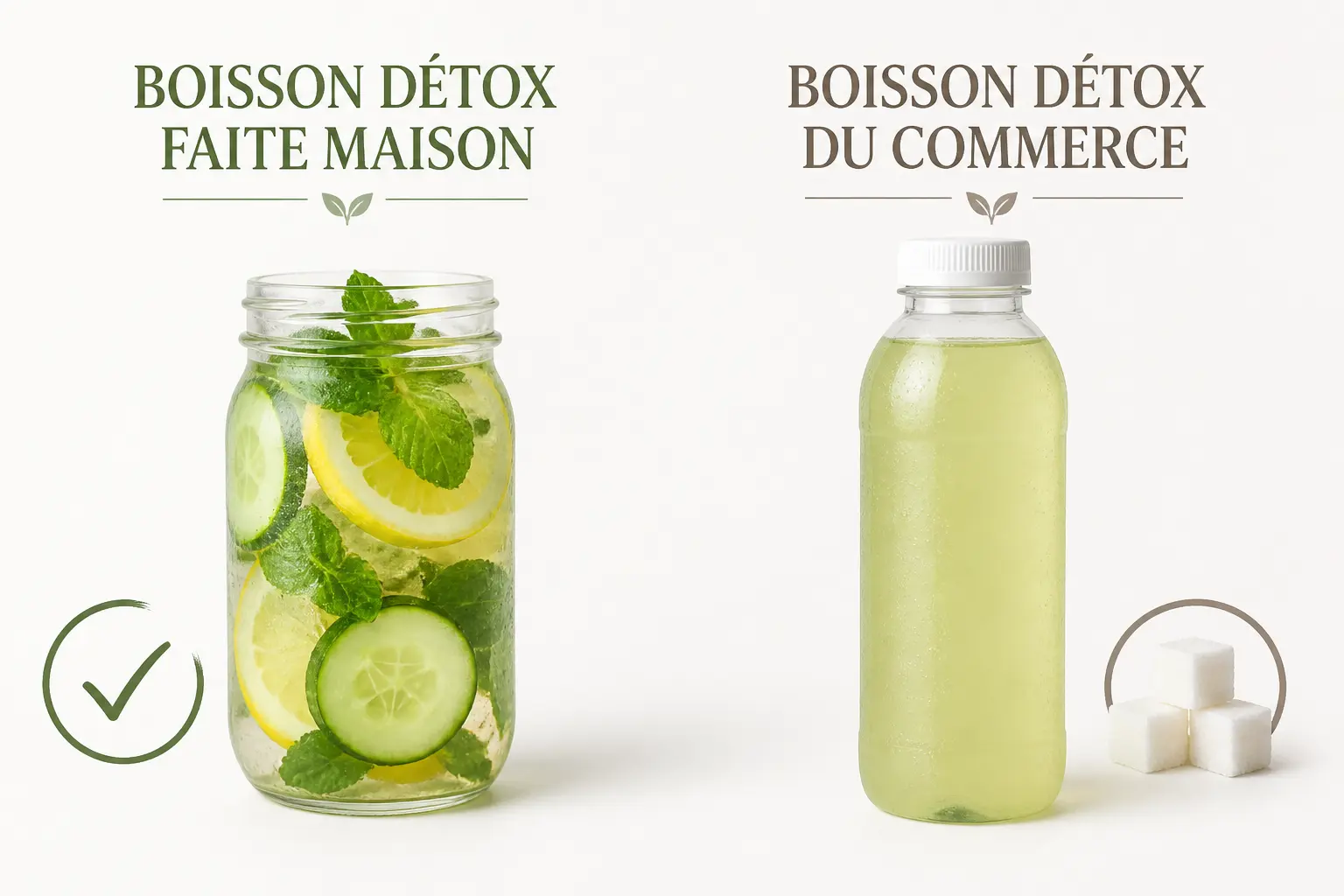 Boisson détoxifiante maison : comparaison entre eau infusée citron-concombre-menthe et boisson industrielle sucrée.