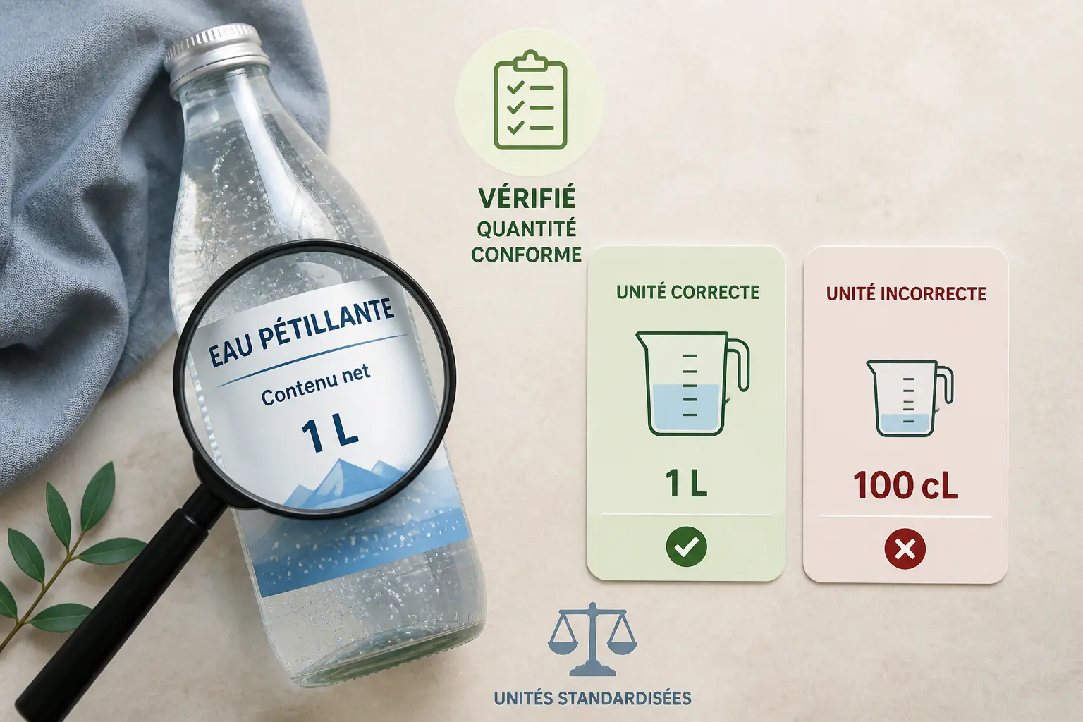 Bouteille d’eau gazeuse la moins salée comparée à des cartes et une loupe, avec checklist et balance