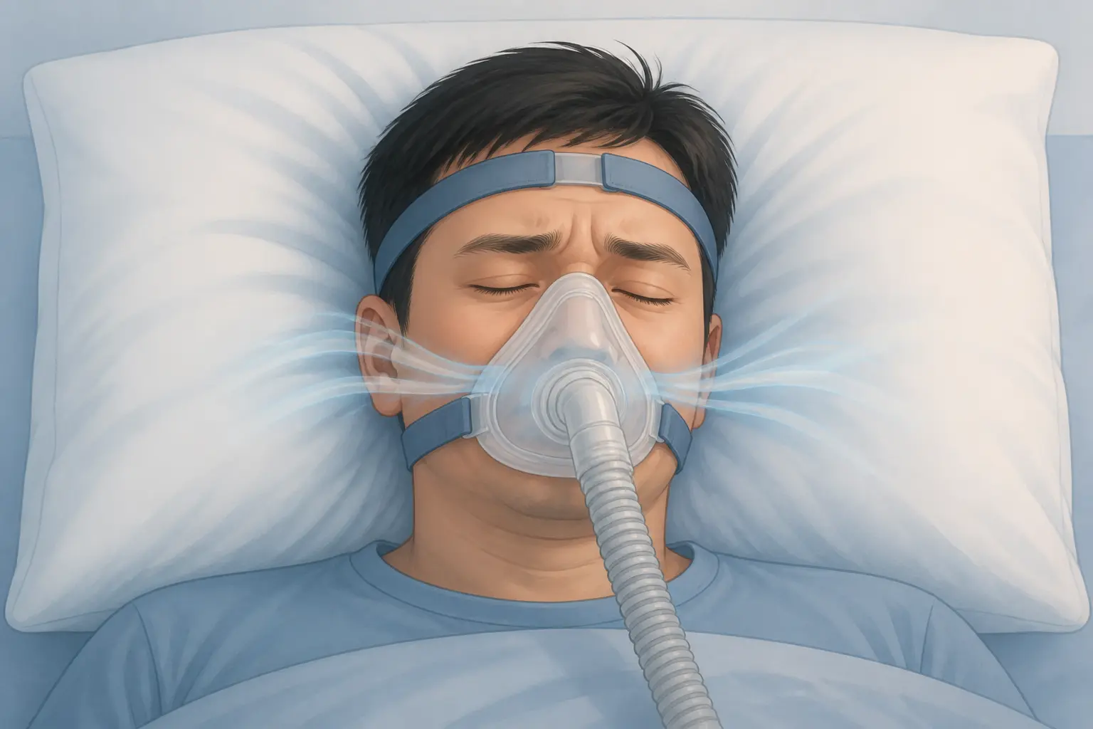 Effet secondaire machine apnée du sommeil : personne dormant avec masque PPC, gênée par la pression d’air.