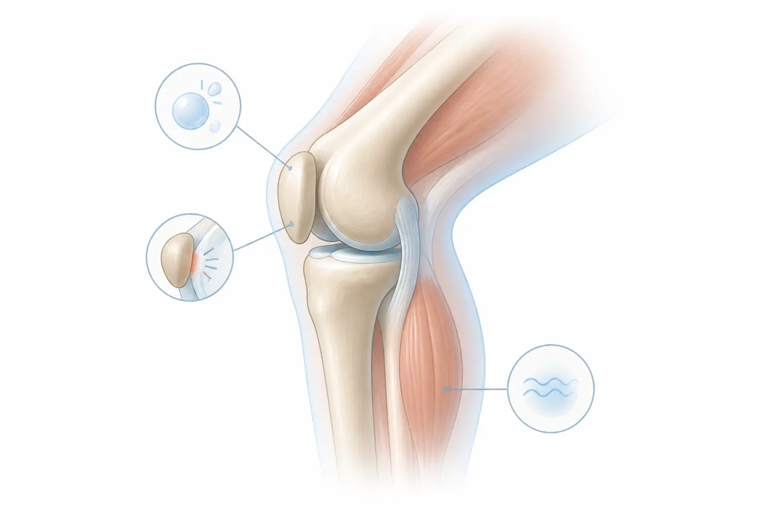 Genou qui craque : illustration d’un genou en coupe avec bulle d’air, frottement rotulien et faible tonus musculaire.