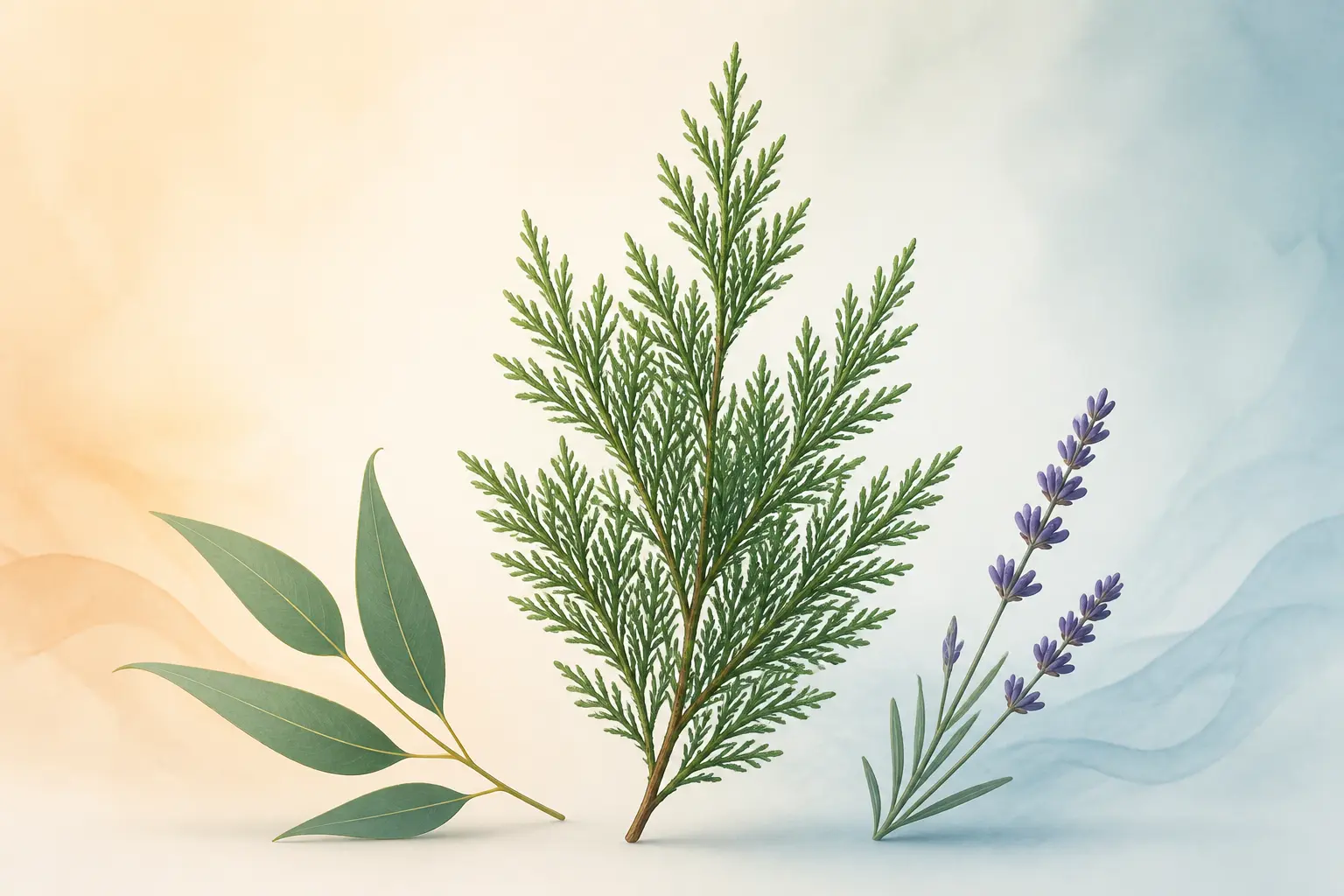 Huile essentielle toux seche : branche de cyprès, feuille d’eucalyptus et brin de lavande en trio minimaliste