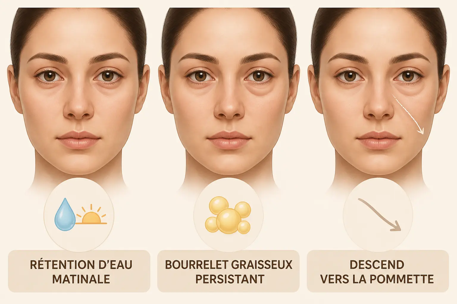 Comparaison des poches sous les yeux : rétention d’eau matinale, coussinet graisseux, affaissement vers la pommette.