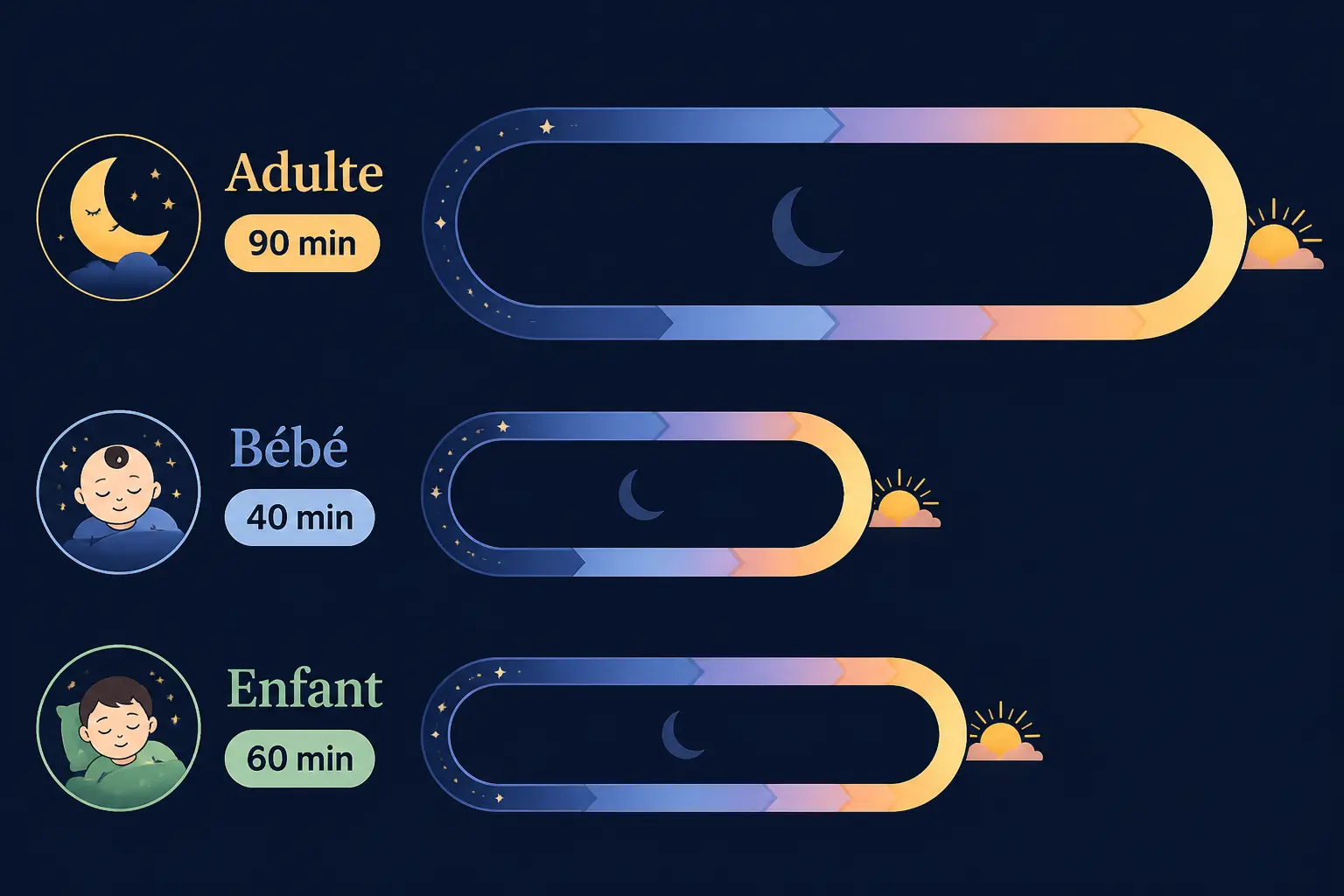 Train du sommeil : comparaison des cycles Adulte 90 min, Bébé et Enfant avec icônes de nuit.
