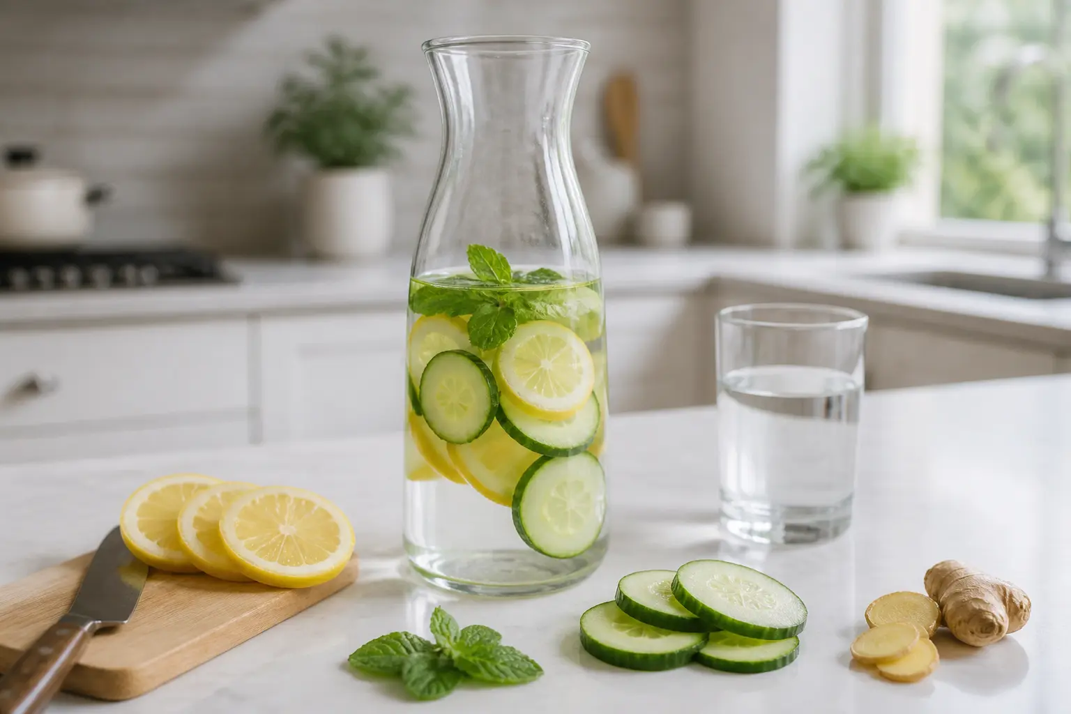 Boisson détoxifiante maison dans une carafe avec citron, concombre, menthe et gingembre sur un plan clair.
