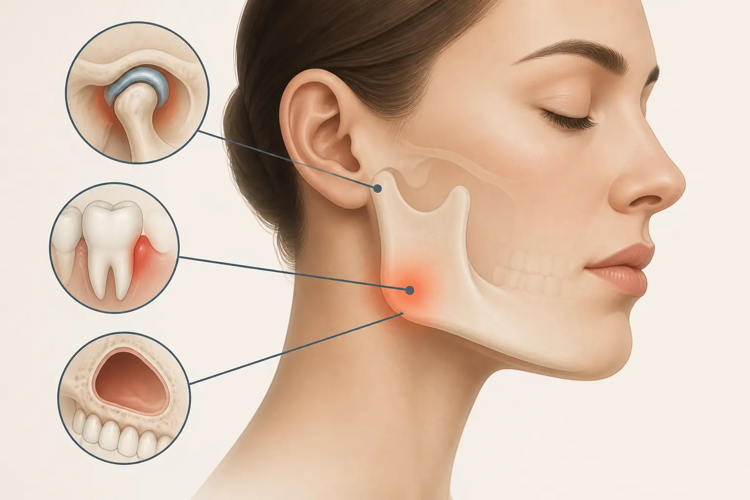 Douleurs machoires stress : mâchoire en profil avec dent inflammée, ATM et sinus à examiner