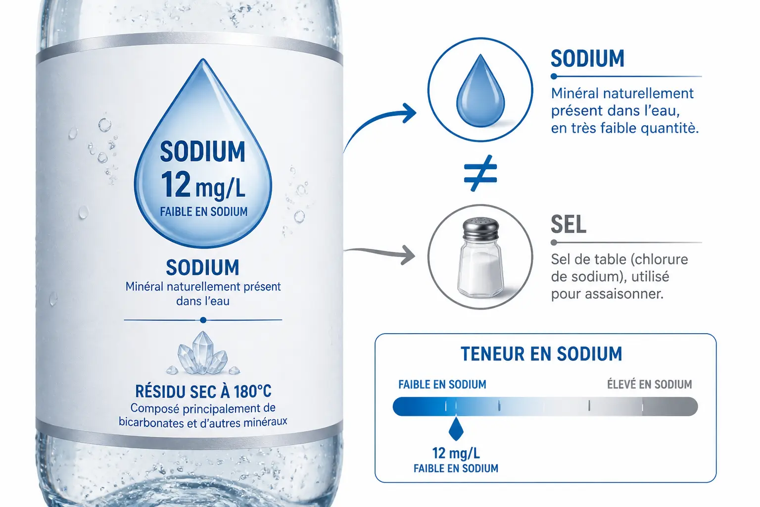 Infographie sur l’eau gazeuse la moins salée : sodium, sel et mg/L comparés avec pictogrammes clairs