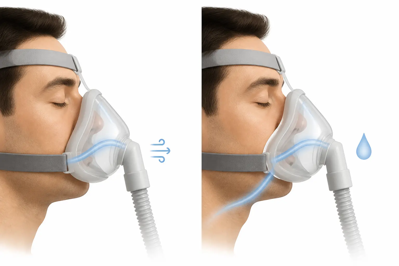 Masque CPAP avec fuite d’air au bord du coussin, illustrant un effet secondaire machine apnée du sommeil