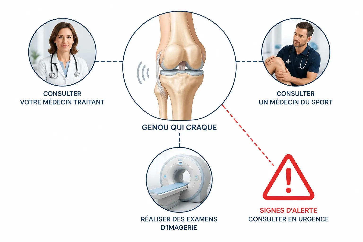 Genou qui craque : schéma médical avec médecin généraliste, médecin du sport, scanner et alerte urgente