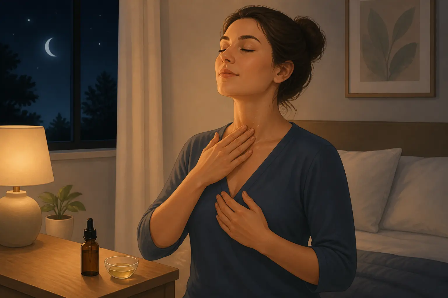 Illustration d’un adulte appliquant une huile essentielle toux seche diluée sur le thorax, près du lit.