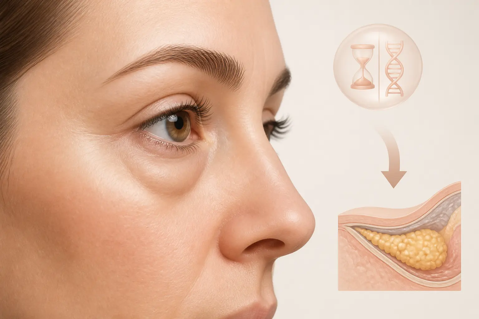 Poches sous les yeux : profil féminin montrant un léger relief sous la paupière et une perte de soutien.