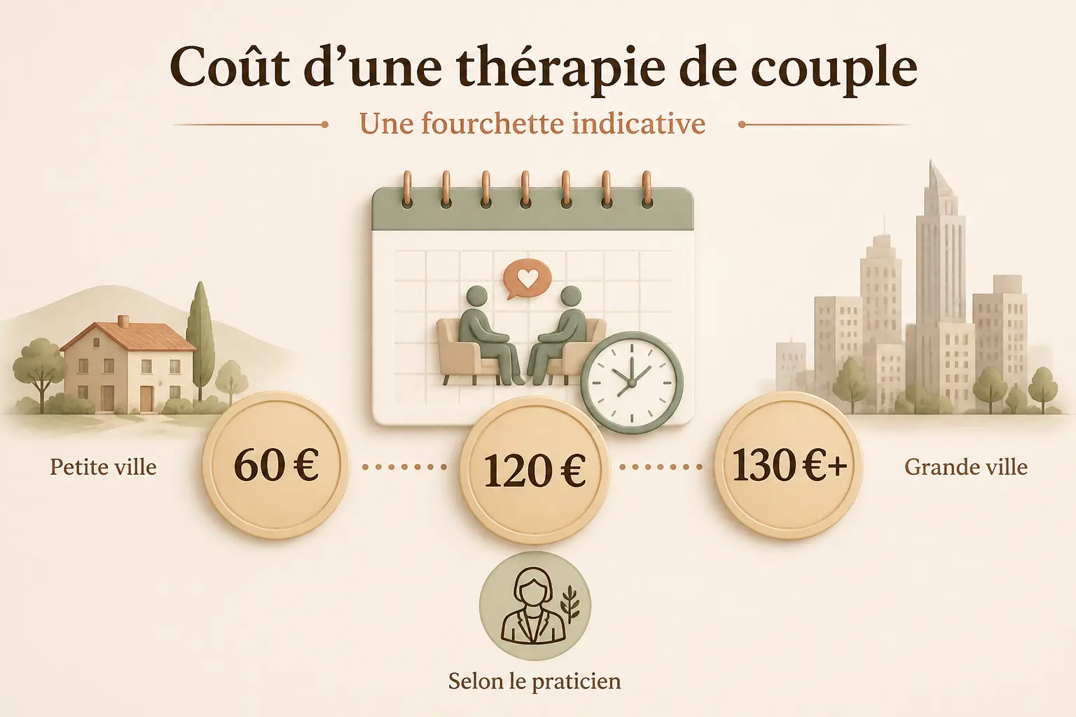thérapie de couple remboursé : fourchette de prix avec séance, 60 €, 120 €, 130 €+ et repères ville