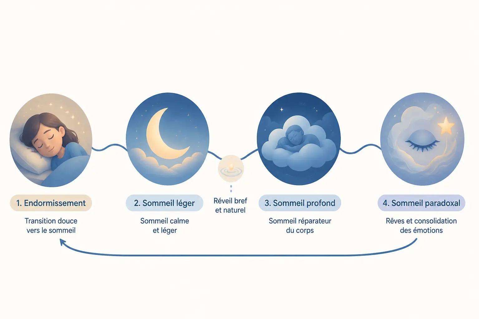 Train du sommeil : schéma des 4 phases, de l’endormissement au sommeil paradoxal, avec micro-réveil