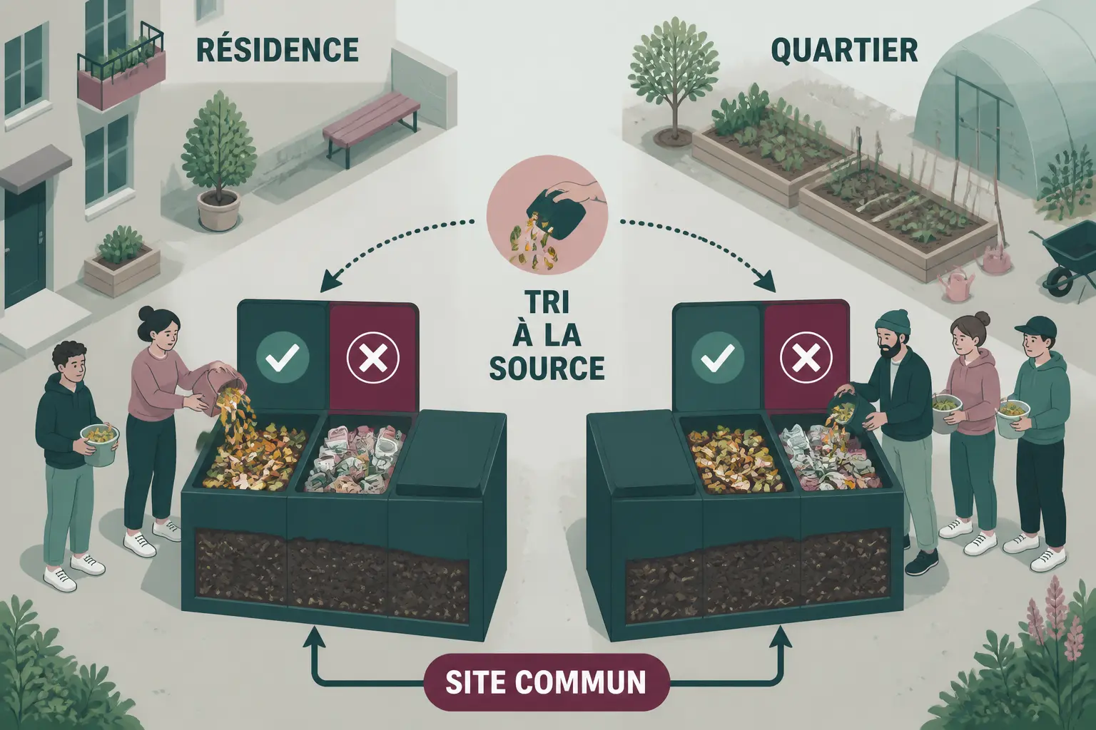 Illustration isométrique du compostage collectif : tri à la source, bacs partagés, déchets organiques et compost mûr.